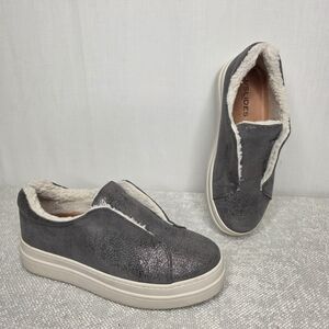 : J/SLIDES NYC Grey Glitter Faux Fur Lined Slip-On Platform Sneakers Sz6